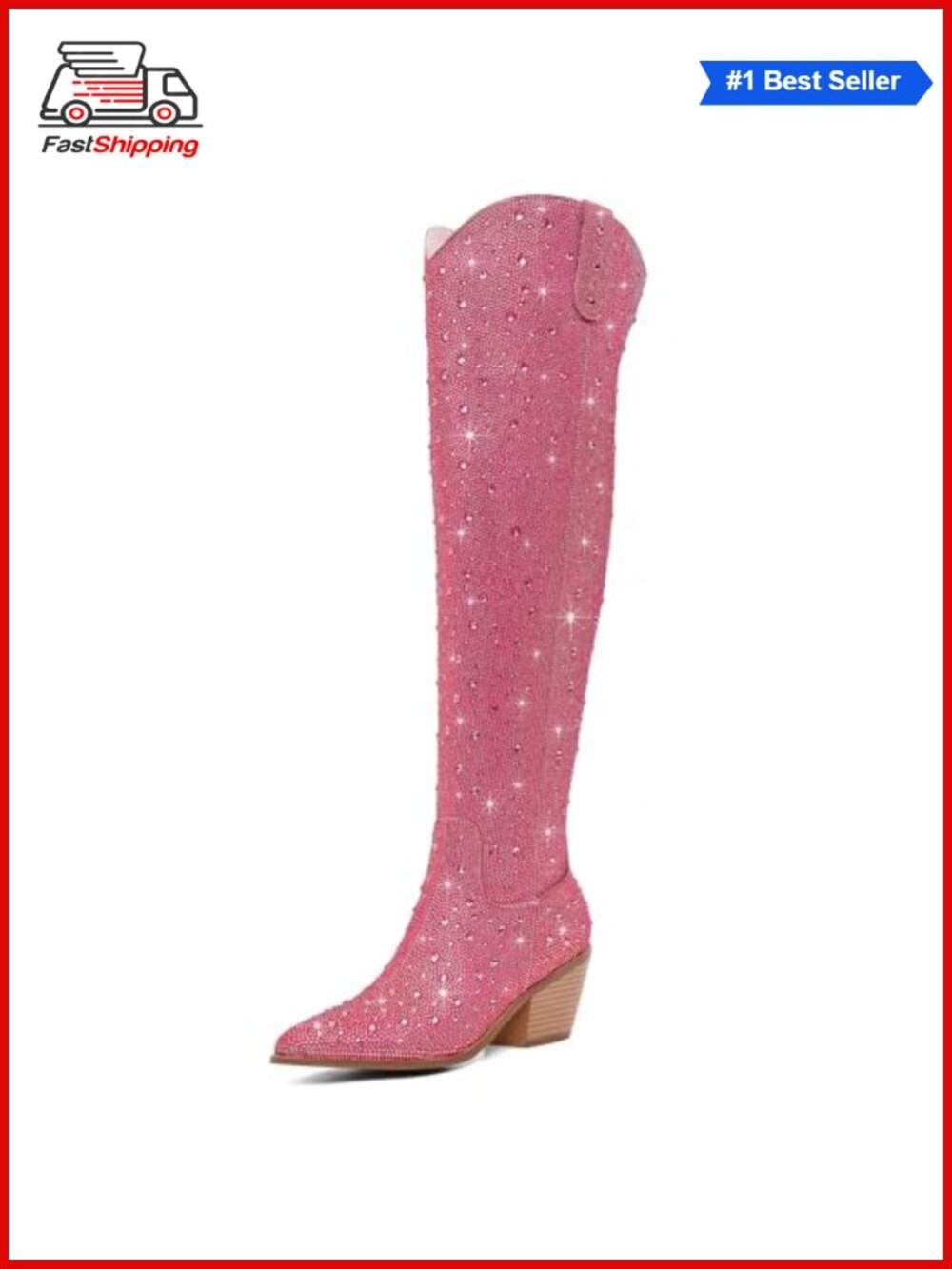 ✨ Rhinestone Over the Knee Cowboy Boots Faux Leather Chunky Heel Western Boots